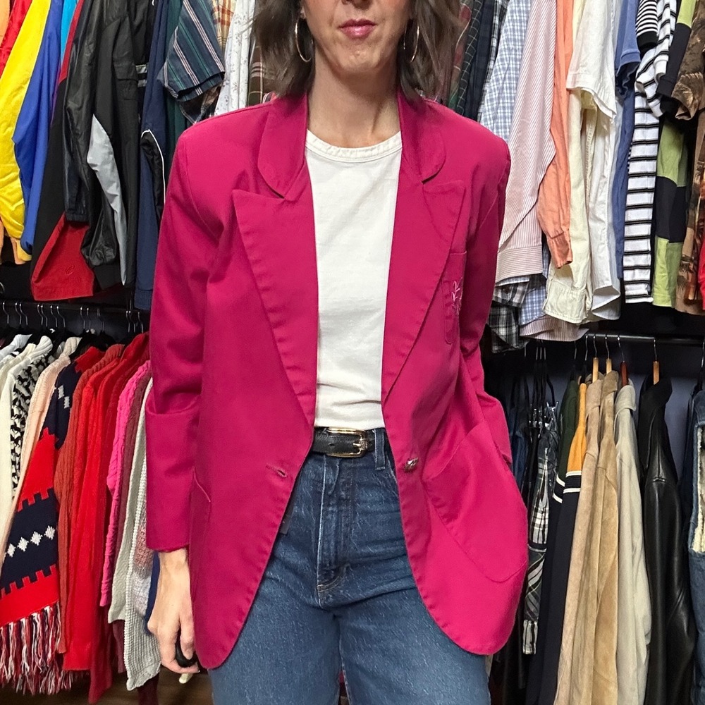 Vintage 90s Long line Bright Pink Cotton Blazer Embroidered Crest M L - Picture 1 of 4